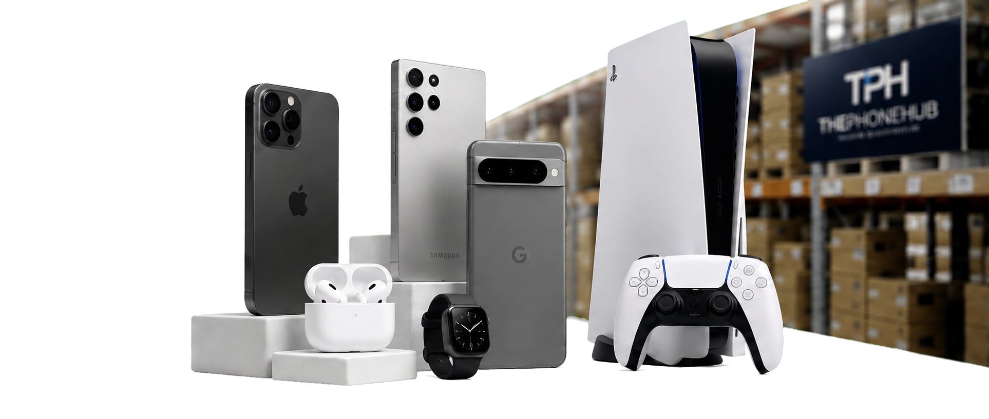 ThePhoneHub wholesale range — iPhone, Samsung Galaxy, Google Pixel, PlayStation 5, DualSense controller, AirPods Pro and Apple Watch